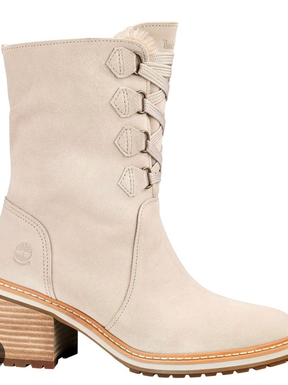 Timberland Women's Cream Suede Lace-Up Mid Heel Boot